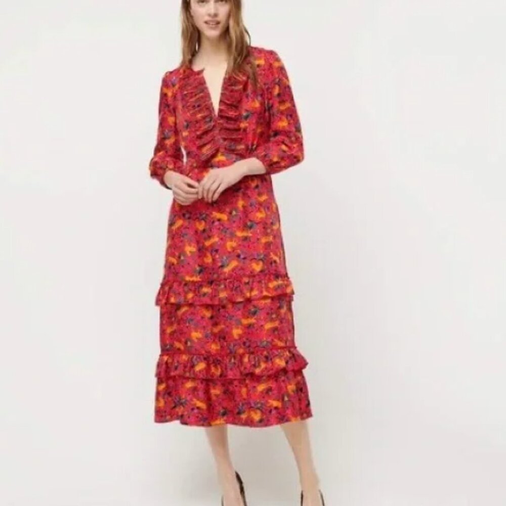 JCrew Red Silk Tiger Jungle Cat Ruffle Tier Dress 000. It is a triple 0